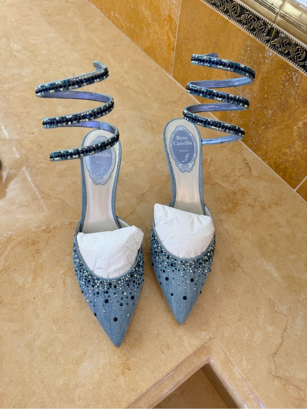 Rene Caovilla Light Blue Crystal Spiral Strap Pumps